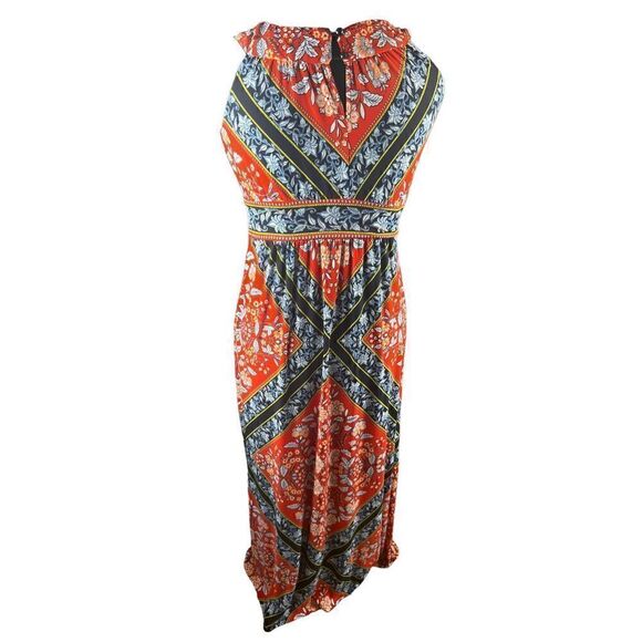 Sandra Darren red blue maxi halter handkerchief floral stretchy medium dress - Picture 2 of 7